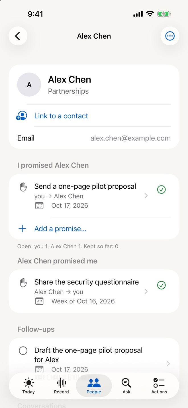 A person's page: what I promised them and what they promised me